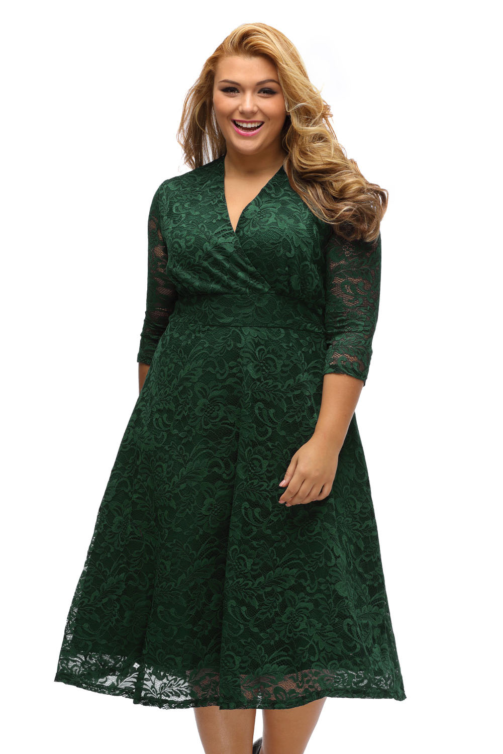 BY61442-9 Olive Plus Size Surplice Lace Formal Skater Dress